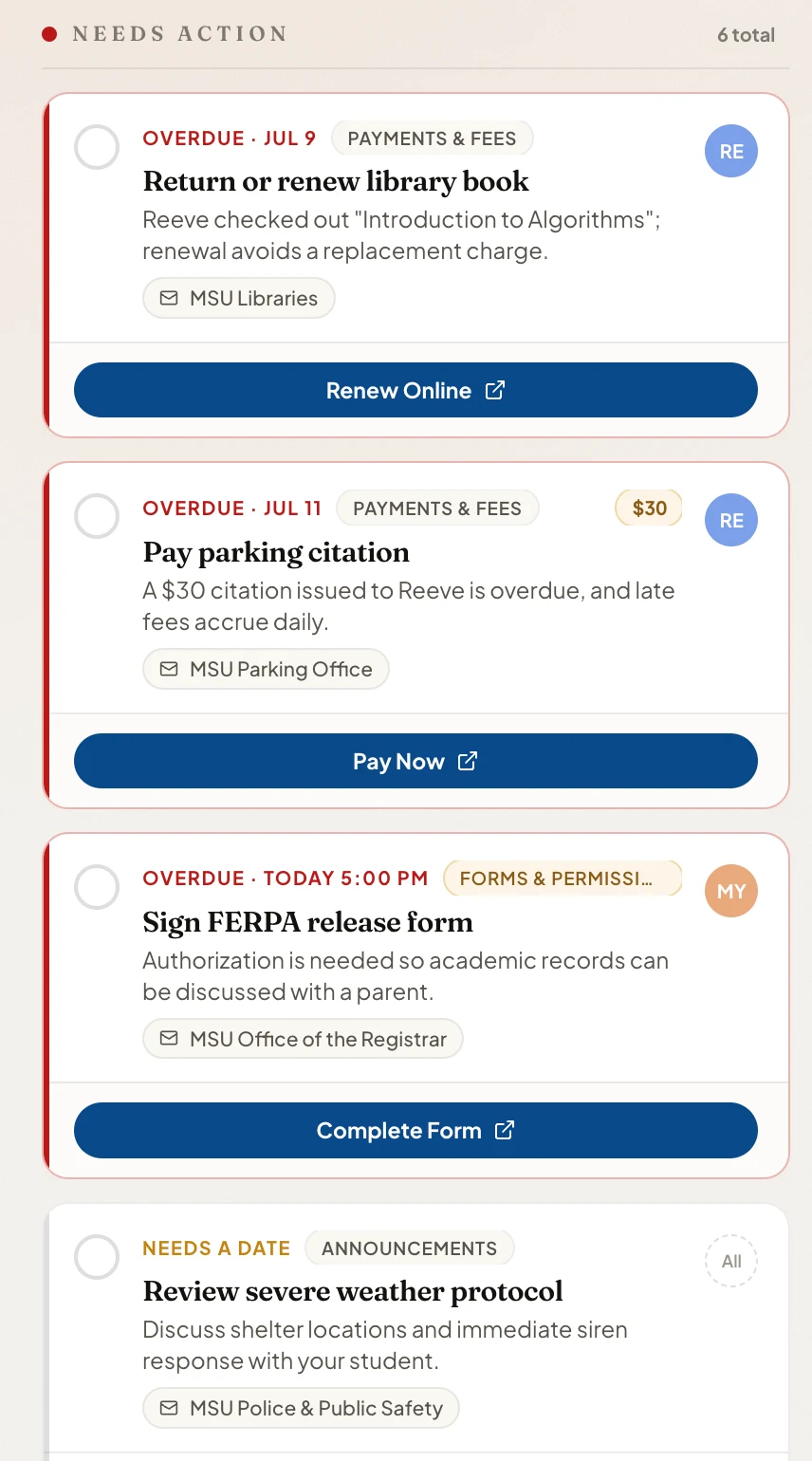 Needs Action column with overdue library, parking, and FERPA tasks