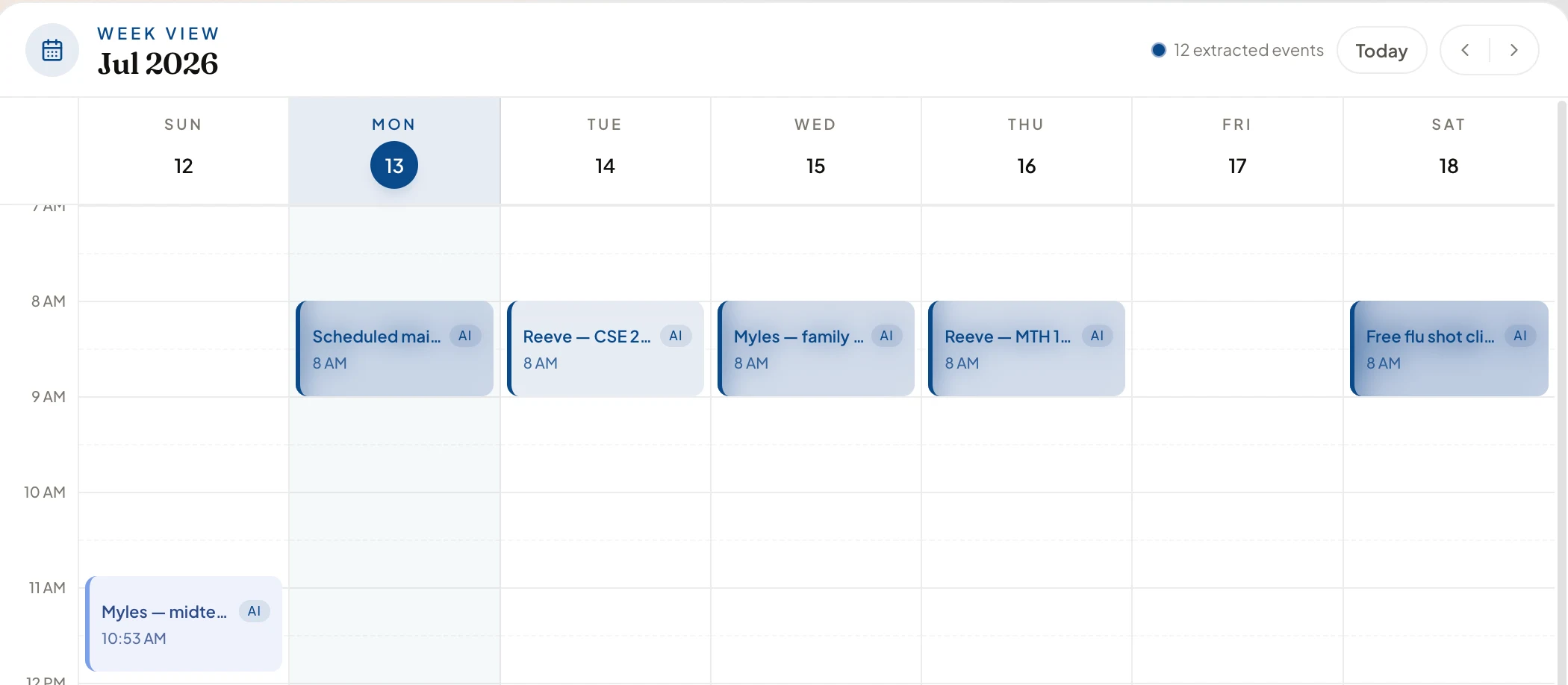 Week view calendar with AI-extracted events from school emails