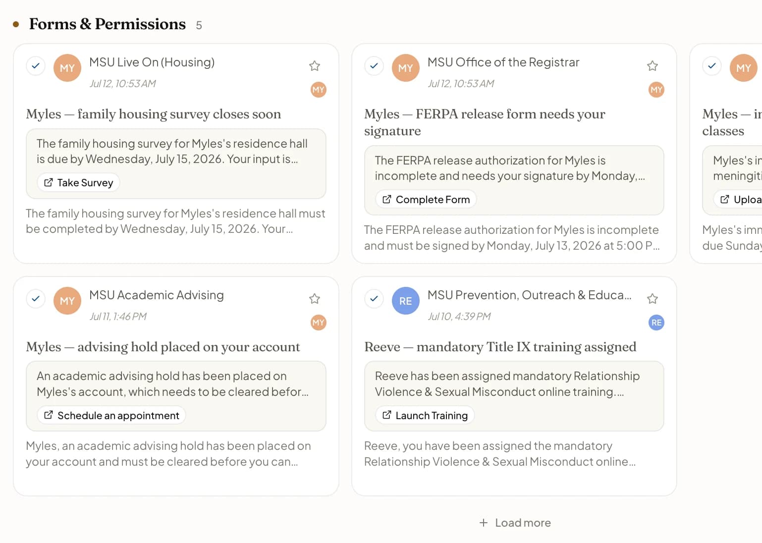 AI summary cards for forms and permissions, each with a deadline and call-to-action