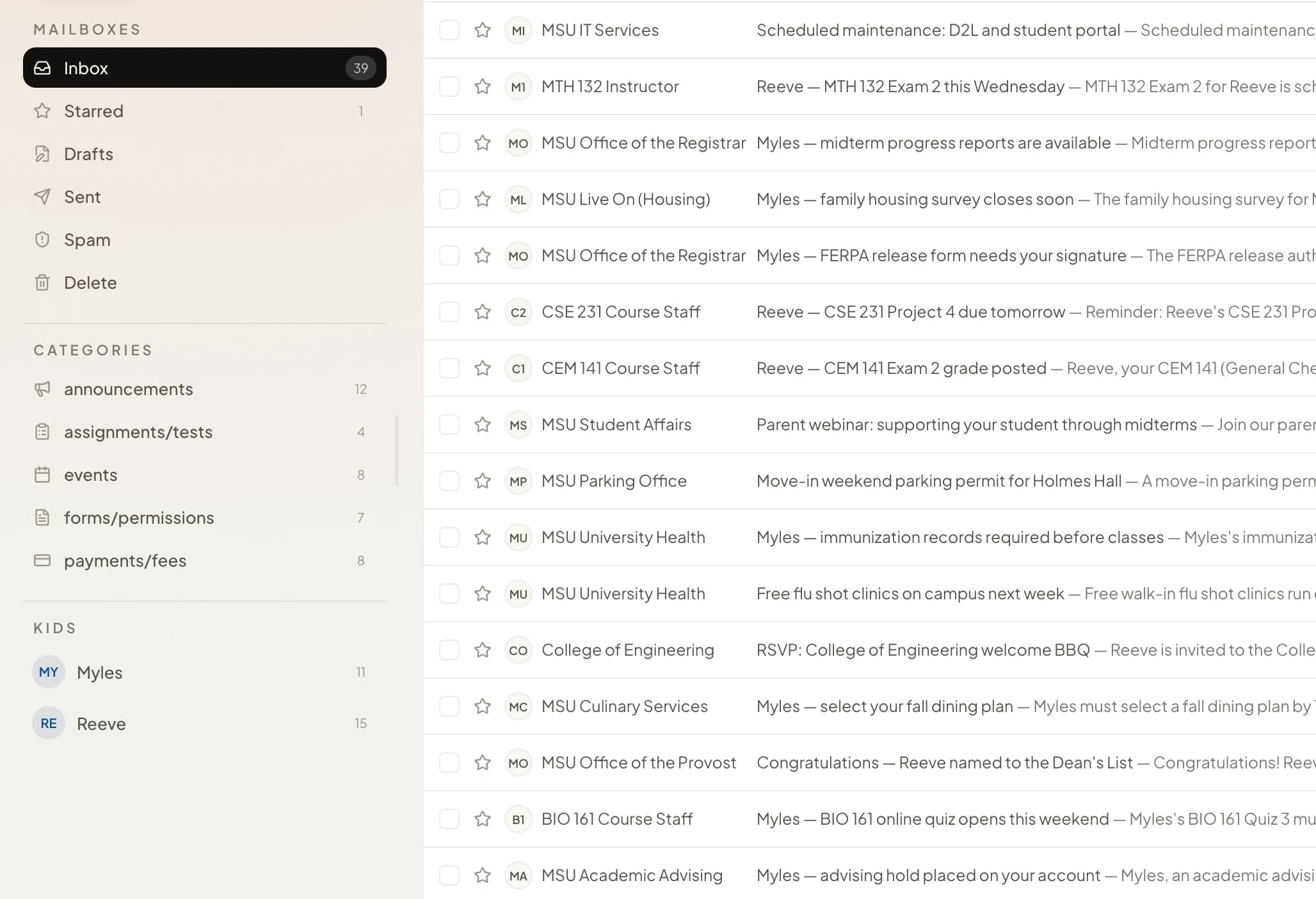 ParentMail inbox with mailboxes, categories, and a kid filter for Myles and Reeve
